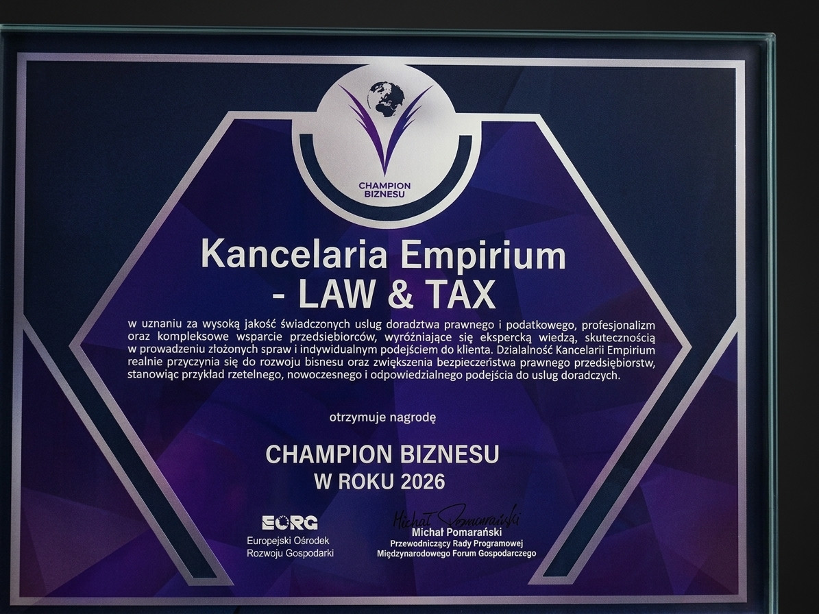 Nagroda Champion Biznesu w roku 2026 przyznana Kancelarii Empirium – LAW & TAX, z uzasadnieniem wyróżnienia.